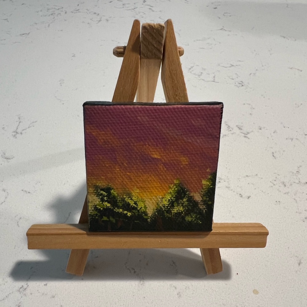 Oil On Canvas Mini painting w/ display easel. Sunset Scene. 2” X 2”. Pre-owned.